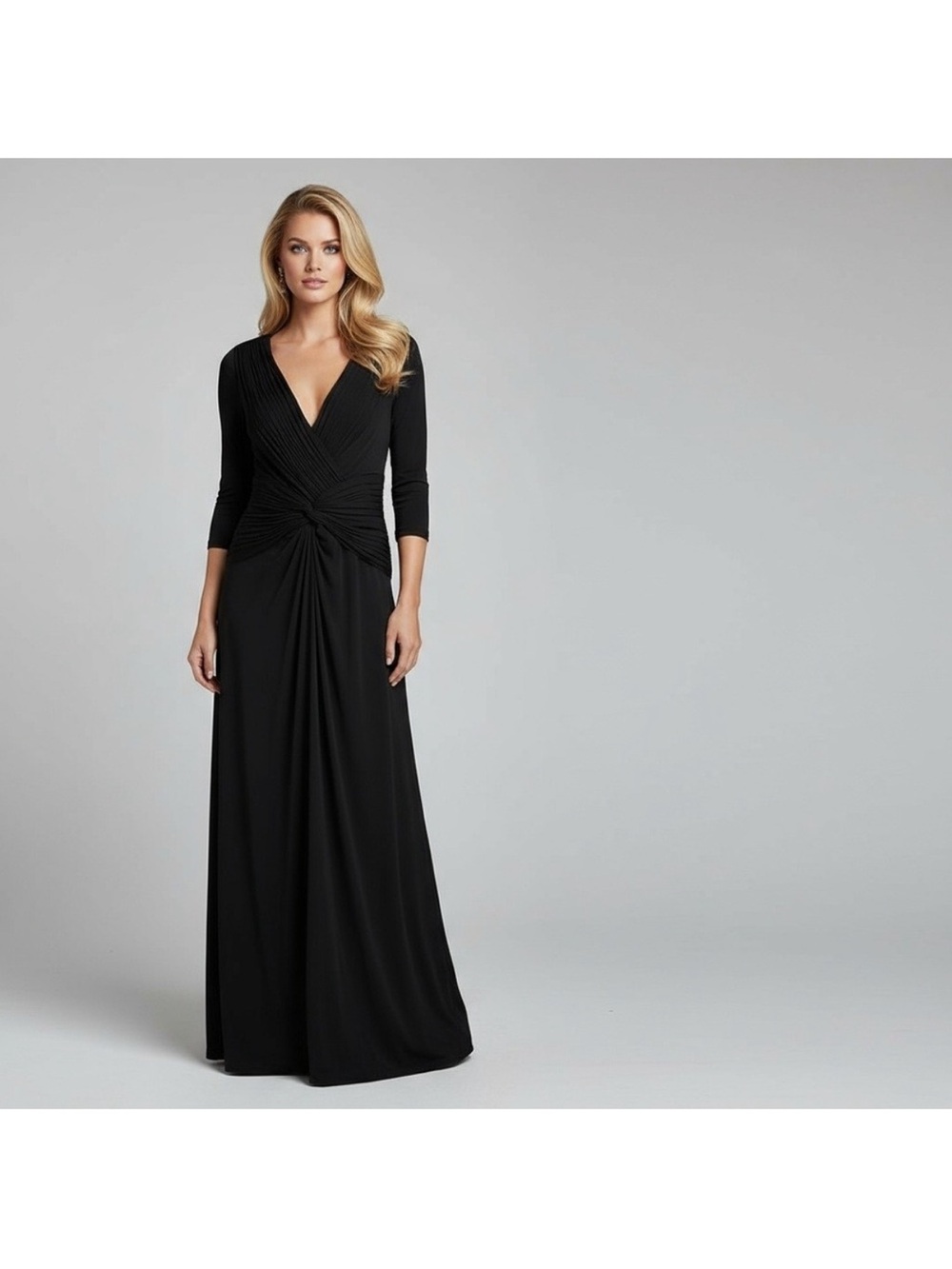 Tadashi Shoji Black V-Neck Twist-Waist Maxi Gown XS